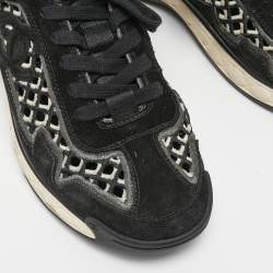 Pre Owned Chanel Black/Grey Suede and Mesh Calfskin Embroidered CC Sneakers Size 37.5
