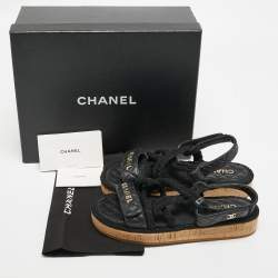 Pre Owned Chanel Black Quilted Leather Logo Cord Rope Cork Slingback Sandals Size 38