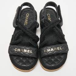 Pre Owned Chanel Black Quilted Leather Logo Cord Rope Cork Slingback Sandals Size 38