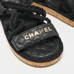 Pre Owned Chanel Black Quilted Leather Logo Cord Rope Cork Slingback Sandals Size 38