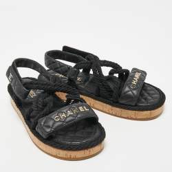 Pre Owned Chanel Black Quilted Leather Logo Cord Rope Cork Slingback Sandals Size 38