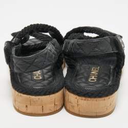 Pre Owned Chanel Black Quilted Leather Logo Cord Rope Cork Slingback Sandals Size 38