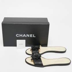 Pre Owned Chanel Black Leather CC Camelia Flat Slides Size 39