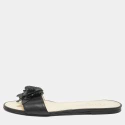Pre Owned Chanel Black Leather CC Camelia Flat Slides Size 39