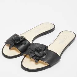 Pre Owned Chanel Black Leather CC Camelia Flat Slides Size 39