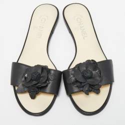 Pre Owned Chanel Black Leather CC Camelia Flat Slides Size 39