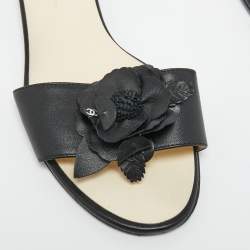 Pre Owned Chanel Black Leather CC Camelia Flat Slides Size 39