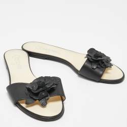 Pre Owned Chanel Black Leather CC Camelia Flat Slides Size 39