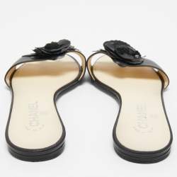 Pre Owned Chanel Black Leather CC Camelia Flat Slides Size 39