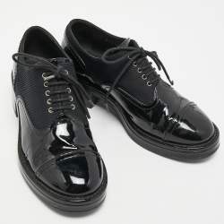 Chanel Black Patent Leather and Fabric Lace  Up Oxford Size 37  