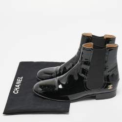 Chanel Black Patent Leather CC Chelsea Boots Size 39.5