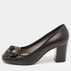 Pre Owned Chanel Black Leather Camellia CC Cap Toe Block Heel Pumps Size 38