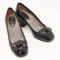 Pre Owned Chanel Black Leather Camellia CC Cap Toe Block Heel Pumps Size 38