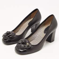 Pre Owned Chanel Black Leather Camellia CC Cap Toe Block Heel Pumps Size 38