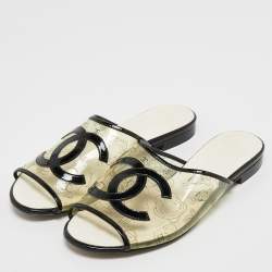 Chanel Transparent/Black PVC and Patent Leather CC Flat Slides Size 39