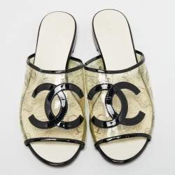 Chanel Transparent/Black PVC and Patent Leather CC Flat Slides Size 39