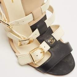 Pre Owned Chanel Tricolor Leather CC Buckle T-Bar Strappy Sandals Size 38