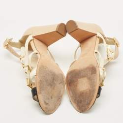 Pre Owned Chanel Tricolor Leather CC Buckle T-Bar Strappy Sandals Size 38