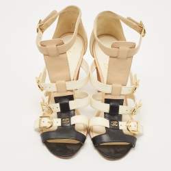 Pre Owned Chanel Tricolor Leather CC Buckle T-Bar Strappy Sandals Size 38