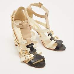 Pre Owned Chanel Tricolor Leather CC Buckle T-Bar Strappy Sandals Size 38