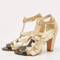 Pre Owned Chanel Tricolor Leather CC Buckle T-Bar Strappy Sandals Size 38