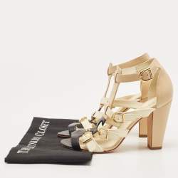 Pre Owned Chanel Tricolor Leather CC Buckle T-Bar Strappy Sandals Size 38