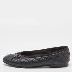 Chanel Black Quilted Leather CC Bow Ballet Flats Size 36.5