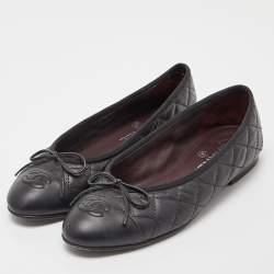 Chanel Black Quilted Leather CC Bow Ballet Flats Size 36.5