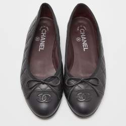 Chanel Black Quilted Leather CC Bow Ballet Flats Size 36.5