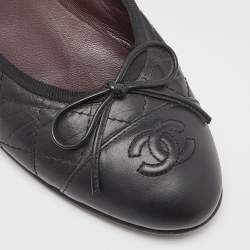 Chanel Black Quilted Leather CC Bow Ballet Flats Size 36.5