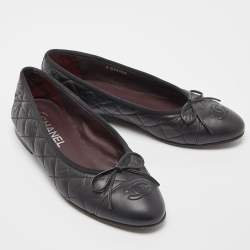 Chanel Black Quilted Leather CC Bow Ballet Flats Size 36.5