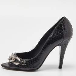 Pre Owned Chanel Black Python CC Chain Detail Peep Toe Pumps Size 37