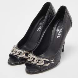 Pre Owned Chanel Black Python CC Chain Detail Peep Toe Pumps Size 37