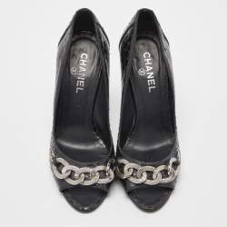 Pre Owned Chanel Black Python CC Chain Detail Peep Toe Pumps Size 37