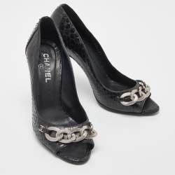Pre Owned Chanel Black Python CC Chain Detail Peep Toe Pumps Size 37
