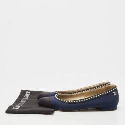 Pre Owned Chanel Navy Blue Satin Pearl Embellished Cap Toe Ballet Flats Size 40