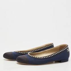 Pre Owned Chanel Navy Blue Satin Pearl Embellished Cap Toe Ballet Flats Size 40
