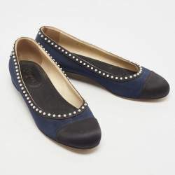 Pre Owned Chanel Navy Blue Satin Pearl Embellished Cap Toe Ballet Flats Size 40