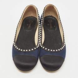 Pre Owned Chanel Navy Blue Satin Pearl Embellished Cap Toe Ballet Flats Size 40