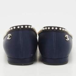 Pre Owned Chanel Navy Blue Satin Pearl Embellished Cap Toe Ballet Flats Size 40