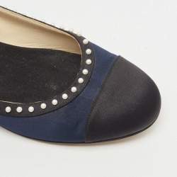 Pre Owned Chanel Navy Blue Satin Pearl Embellished Cap Toe Ballet Flats Size 40