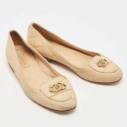 Pre Owned Chanel Beige Leather CC Logo Ballet Flats Size 36
