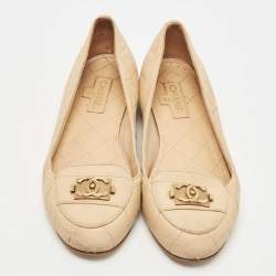 Pre Owned Chanel Beige Leather CC Logo Ballet Flats Size 36