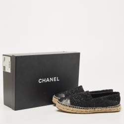 Pre Owned Chanel Black Sequin and Leather CC Cap Toe Espadrille Size 37