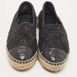 Pre Owned Chanel Black Sequin and Leather CC Cap Toe Espadrille Size 37