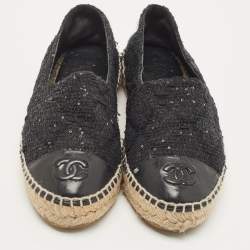 Chanel Black Sequin and Leather CC Cap Toe Espadrille Size 37