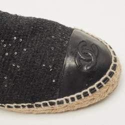 Chanel Black Sequin and Leather CC Cap Toe Espadrille Size 37