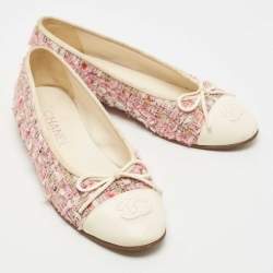 Pre Owned Chanel Pink/Off White Tweed and Leather CC Cap Toe Bow Ballet Flats Size 37
