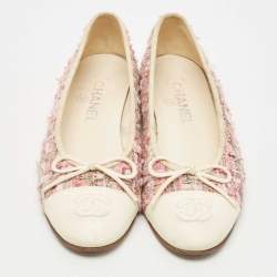 Pre Owned Chanel Pink/Off White Tweed and Leather CC Cap Toe Bow Ballet Flats Size 37