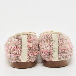 Pre Owned Chanel Pink/Off White Tweed and Leather CC Cap Toe Bow Ballet Flats Size 37